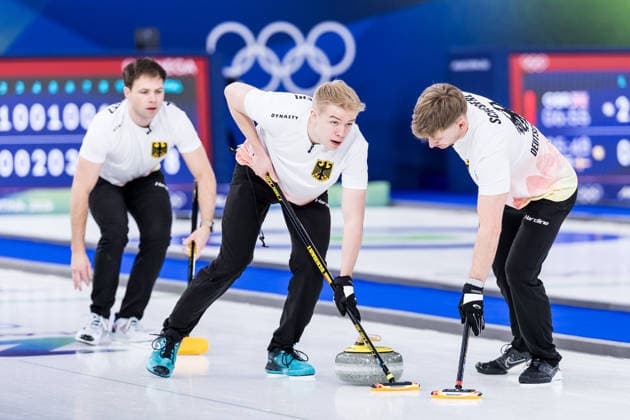 CORTINA, ITALY - FEBRUARY 12: Marc Muskatewitz (Germany), Felix Messenzehl (Germany), Johannes Scheuerl (Germany) during the Curling Men Norway vs Germany - Round Robin Session 2 at the Milano Cortina 2026 Olympics at Cortina Curling Olympic Stadium on day 6 of the Milano Cortina 2026 Olympics on February 12, 2026 in Cortina, Italy. Editorial use only. Italy Copyright: xSteffiexWunderlx