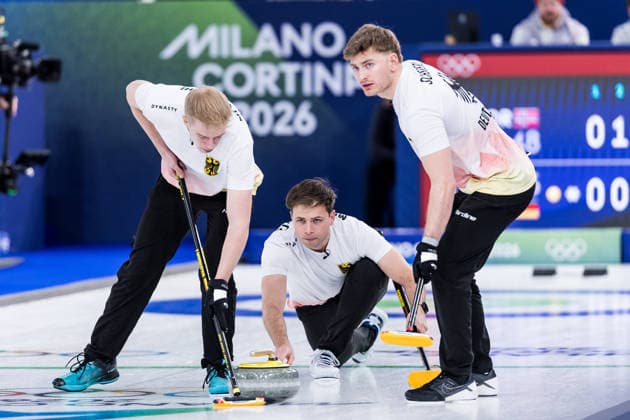 CORTINA, ITALY - FEBRUARY 12: Felix Messenzehl (Germany), Marc Muskatewitz (Germany), Johannes Scheuerl (Germany) during the Curling Men Norway vs Germany - Round Robin Session 2 at the Milano Cortina 2026 Olympics at Cortina Curling Olympic Stadium on day 6 of the Milano Cortina 2026 Olympics on February 12, 2026 in Cortina, Italy. Editorial use only. Italy Copyright: xSteffiexWunderlx
