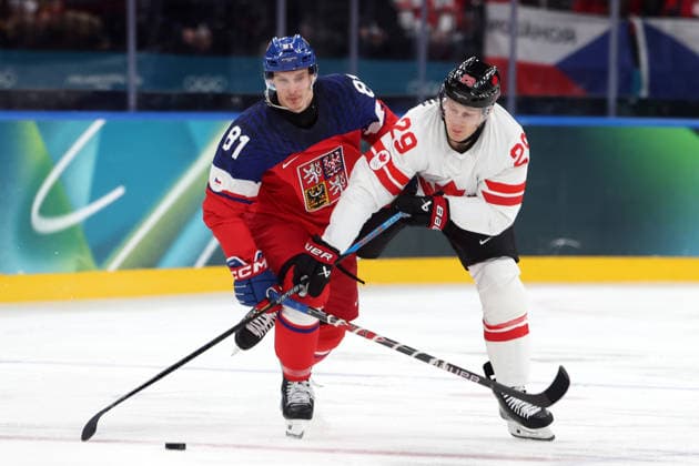 Milano Cortina 2026, Milan, Italy, 12.02, 2026, MiCo2026, MiCo, 2026, Olympics, Olympic, Winter Olympic, Olympic Winter games, Winterspiele,Spiele, Summer games Ice hockey, Eishockey Canada, Czechia Nathan MacKinnon of Canada and Dominik Kubalik of Czechia in action during men™s Premilinary round Group A Ice Hockey match between Canada and Czechia teams of Milano Cortina 2026 Olympic Winter Games in Milan, Italy, 12.02.2026. Photo: Roman Koksarov (RKF) Milan Italy Copyright: xRomanxKoksarovx 0B4A1199.JPG