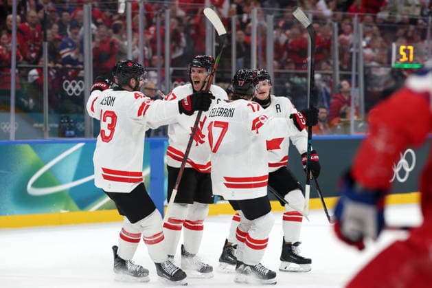 Milano Cortina 2026, Milan, Italy, 12.02, 2026, MiCo2026, MiCo, 2026, Olympics, Olympic, Winter Olympic, Olympic Winter games, Winterspiele,Spiele, Summer games Ice hockey, Eishockey Canada, Czechia Canada team players celebrate their during men™s Premilinary round Group A Ice Hockey match between Canada and Czechia teams of Milano Cortina 2026 Olympic Winter Games in Milan, Italy, 12.02.2026. Photo: Roman Koksarov (RKF) Milan Italy Copyright: xRomanxKoksarovx 0B4A1464.JPG