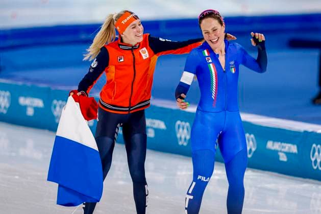 second Merel Conijn of the Netherlands and Francesca Lollobrigida of Italy celebrates after Women s 5000m, Milano Cortina 2026 Winter Olympics: Day 6, Speed skating, Eisschnelllauf - Milano Cortina 2026 Winter Olympics: Day 6, Milano Speed Skating Stadium, February 12, 2026, Milan, Italy.