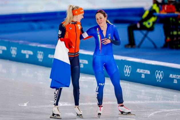 second Merel Conijn of the Netherlands and Francesca Lollobrigida of Italy celebrates after Women s 5000m, Milano Cortina 2026 Winter Olympics: Day 6, Speed skating, Eisschnelllauf - Milano Cortina 2026 Winter Olympics: Day 6, Milano Speed Skating Stadium, February 12, 2026, Milan, Italy.