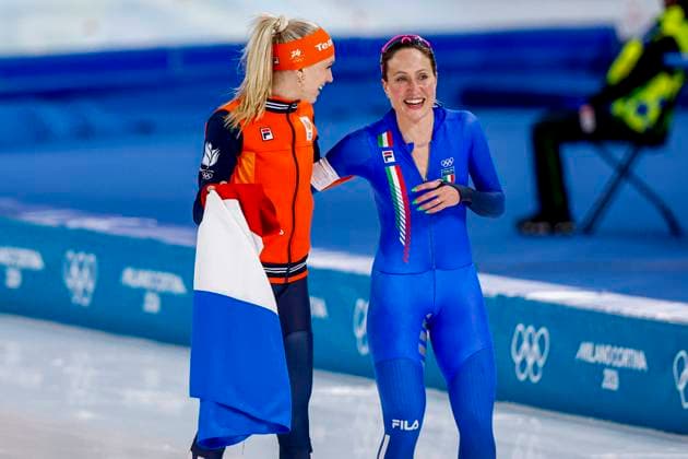 second Merel Conijn of the Netherlands and Francesca Lollobrigida of Italy celebrates after Women s 5000m, Milano Cortina 2026 Winter Olympics: Day 6, Speed skating, Eisschnelllauf - Milano Cortina 2026 Winter Olympics: Day 6, Milano Speed Skating Stadium, February 12, 2026, Milan, Italy.
