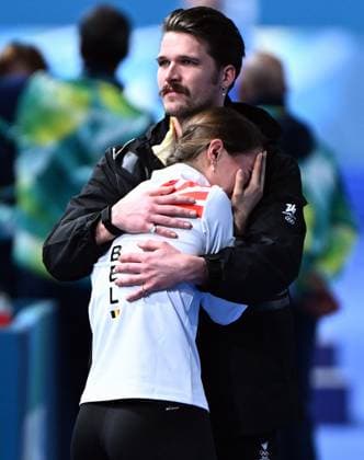 coach Thomas Geerdinck and Belgian speed skater Sandrine Tas react after the Women s 5000m Speed skating, Eisschnelllauf race at the Milano Cortina 2026 Olympic Winter games, Winterspiele,Spiele, Summer games on Thursday 12 February 2026 in Milan, Italy. The XXV Winter Olympics take place from 6 to 22 February 2026 in Italy. JASPERxJACOBS  x162947153x