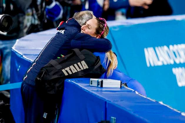 coach Maurizio Marchetto of Italy and winner Francesca Lollobrigida of Italy celebrates after Women s 5000m, Milano Cortina 2026 Winter Olympics: Day 6, Speed skating, Eisschnelllauf - Milano Cortina 2026 Winter Olympics: Day 6, Milano Speed Skating Stadium, February 12, 2026, Milan, Italy.