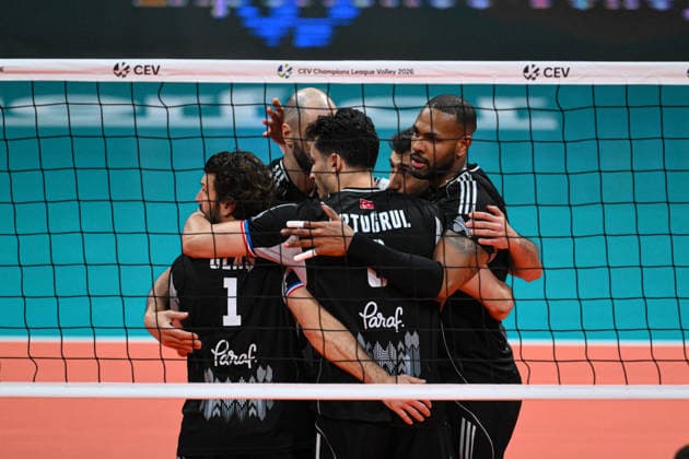 Halkbank v Bogdanka LUK Lublin - CEV Men’s Champions League ANKARA, TURKIYE – FEBRUARY 12: Halkbank players celebrate a point during the CEV Men’s Champions League Group A fifth match between Halkbank and Poland’s Bogdanka LUK Lublin at Baskent Volleyball Hall in Ankara, Turkiye, on February 12, 2026. Akin Celiktas Anadolu Ankara Turkey. Editorial use only. Please get in touch for any other usage.  Copyright: x2026xAnadoluxAkinxCeliktasx