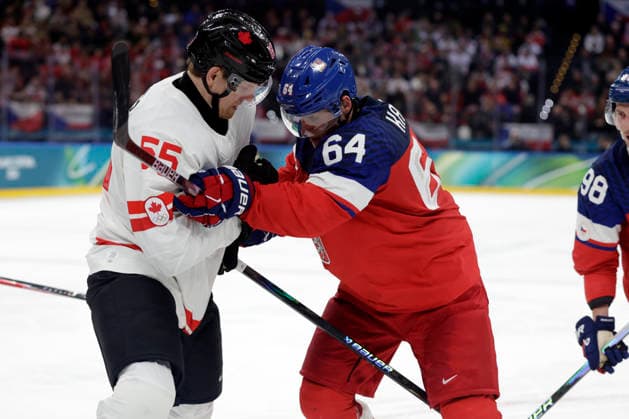 Milano Cortina 2026, Milan, Italy, 12.02, 2026, MiCo2026, MiCo, 2026, Olympics, Olympic, Winter Olympic, Olympic Winter games, Winterspiele,Spiele, Summer games Ice hockey, Eishockey Canada, Czechia Colton Parayko of Canada and David Kampf of Czechia in action during men™s Premilinary round Group A Ice Hockey match between Canada and Czechia teams of Milano Cortina 2026 Olympic Winter Games in Milan, Italy, 12.02.2026. Photo: Roman Koksarov (RKF) Milan Italy Copyright: xRomanxKoksarovx _23A3463.JPG