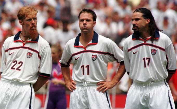 June 2, 1998 - Washington, DC, USA - Prior to the 1998 World Cup competition in France, U.S. national team, Nationalteam members Alexi Lalas (22), Eric Wynalda (11) and Marcelo Balboa (17), listen to introductions before a match against Scotland on May 30, 1998, in Washington, D.C. Copyright: xGeorgexBridgesx