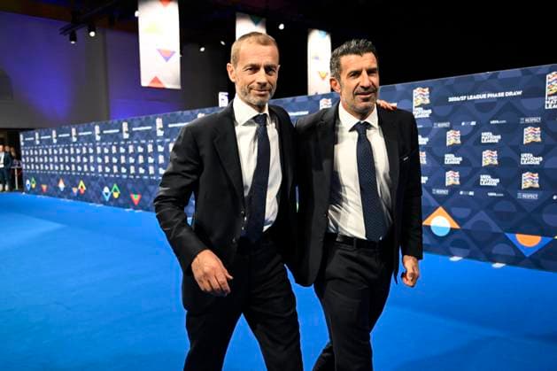 50th UEFA Congress & 2026 2027 UEFA Nations League - League phase draw BRUSSELS, BELGIUM - FEBRUARY 12 : Aleksander Ceferin , president of UEFA with Luís Figo , football icon of Portugal during 50th Ordinary UEFA Congress & 2026 2027 UEFA Nations League - League phase draw in Brussels Expo on February 12, 2026 in Brussels, Belgium, 12 02 2026 Brussels Belgium  Copyright: xNicoxVereeckenx