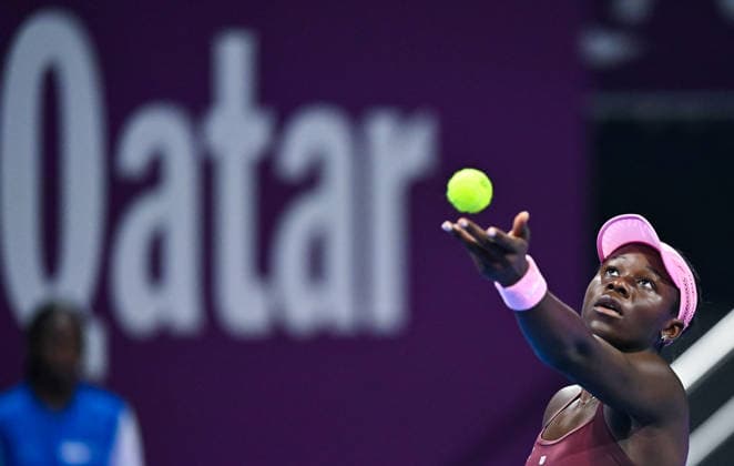 WTA, Tennis Damen QATAR OPEN 2026-QUARTERFINAL Victoria Mboko of Canada competes in her quarterfinal match against Elena Rybakina of Kazakhstan during the WTA Qatar TotalEnergies Open 2026 tennis tournament at the Khalifa International Tennis Complex in Doha, Qatar, on February 12, 2026. ¨ DOHA Qatar Copyright: xNOUSHADx