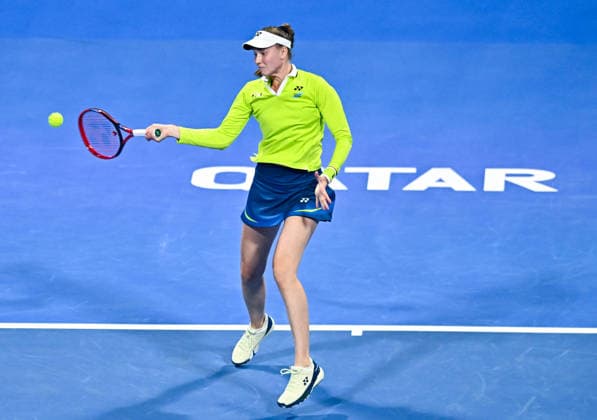 WTA, Tennis Damen QATAR OPEN 2026-QUARTERFINAL Elena Rybakina of Kazakhstan competes in her quarterfinal match against Victoria Mboko of Canada during the WTA Qatar TotalEnergies Open 2026 tennis tournament at the Khalifa International Tennis Complex in Doha, Qatar, on February 12, 2026. ¨ DOHA Qatar Copyright: xNOUSHADx