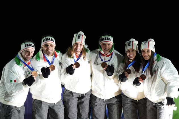 Italy s bronze medalists Verena Hofer, Simon Kainzwaldner, Marion Oberhofer, Andrea Voetter, Emanuel Rieder and Dominik Fischnaller during the Luge Team Relay at the Milano Cortina 2026 Winter Olympics, in Cortina (Italy) February 12, 2026 (Photo Davide Spada LaPresse)  Copyright: xDavidexSpada LaPressex