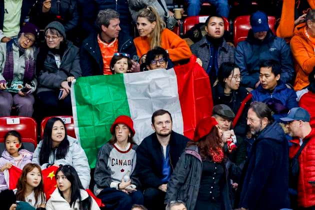 supporters of Italy looks on while watching atheletes Women s 500m Quarterfinals, Milano Cortina 2026 Winter Olympics: Day 6, Short Track Speed skating, Eisschnelllauf - Milano Cortina 2026 Winter Olympics: Day 6, Milano Speed Skating Stadium, February 12, 2026, Milan, Italy.
