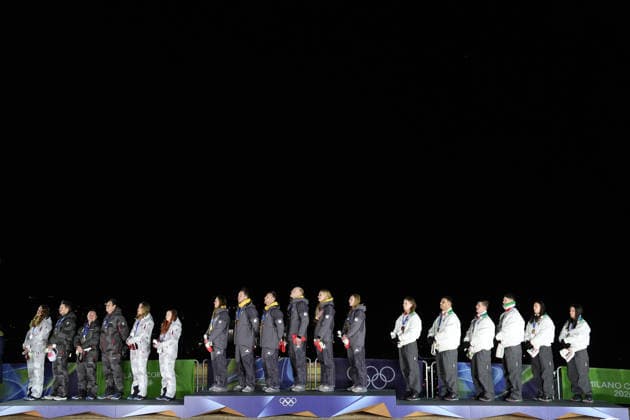 Italy s bronze medalists ,Germany s gold medalists , Austria s silver medalists podium during the Luge Team Relay at the Milano Cortina 2026 Winter Olympics, in Cortina (Italy) February 12, 2026 (Photo Davide Spada LaPresse)  Copyright: xDavidexSpada LaPressex