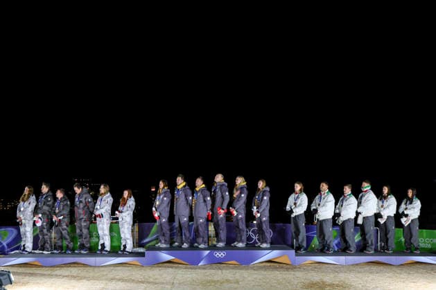 OLYMPICS - Winter Olympic Games, Olympische Spiele, Olympia, OS Milano Cortina 2026 CORTINA D AMPEZZO,ITALY,12.FEB.26 - OLYMPICS, LUGE - Winter Olympic Games Milano Cortina 2026, team relay, medal ceremony. Image shows Lisa Schulte, Thomas Steu, Wolfgang Kindl, Selinga Egle and Lara Michaela Kipp (AUT), Julia Taubitz, Tobias Wendl, Tobias Arlt, Max Langenhan, Dajana Eitberger and Magdalena Matschina (GER), Verena Hofer, Emanuel Rieder, Simon Kainzwaldner, Dominik Fischnaller, Andrea Voetter and Marion Oberhofer (ITA). Keywords: medal.  GEPAxpictures xMaticxKlansek