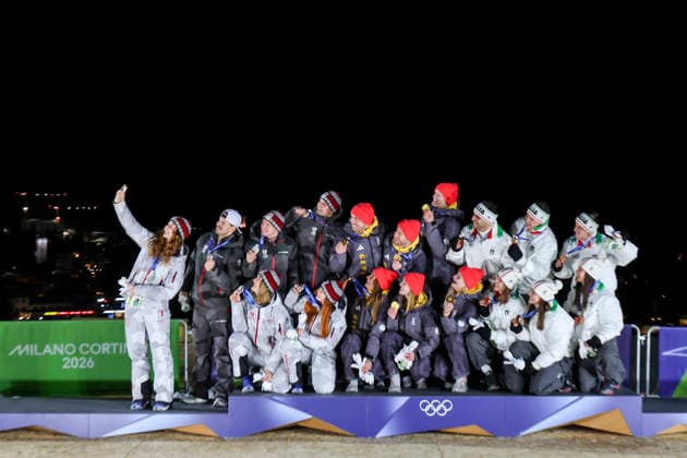 OLYMPICS - Winter Olympic Games, Olympische Spiele, Olympia, OS Milano Cortina 2026 CORTINA D AMPEZZO,ITALY,12.FEB.26 - OLYMPICS, LUGE - Winter Olympic Games Milano Cortina 2026, team relay, medal ceremony. Image shows Lisa Schulte, Thomas Steu, Wolfgang Kindl, Selinga Egle and Lara Michaela Kipp (AUT), Julia Taubitz, Tobias Wendl, Tobias Arlt, Max Langenhan, Dajana Eitberger and Magdalena Matschina (GER), Verena Hofer, Emanuel Rieder, Simon Kainzwaldner, Dominik Fischnaller, Andrea Voetter and Marion Oberhofer (ITA). Keywords: medal.  GEPAxpictures xMaticxKlansek