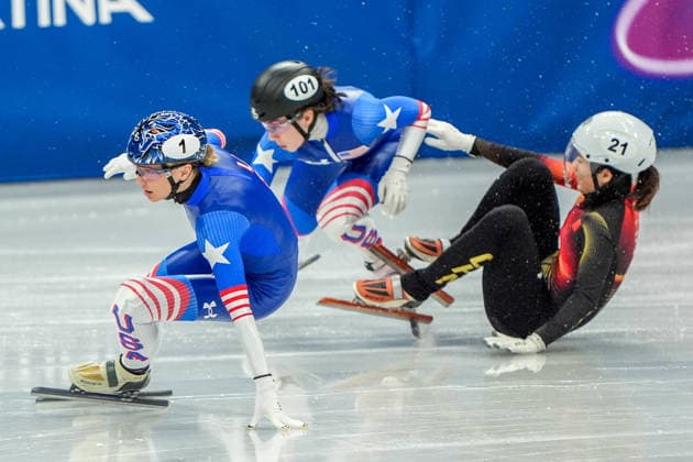 2026-02-12 - Milano Cortina 2026 Winter Olympics MILAN, ITALY - FEBRUARY 12: Kristen Santos-Griswold of United States, Julie Letai of United States, Chutong Zhang of China performing on the Short Track Speed skating, Eisschnelllauf Women s 500m Quaterfinals during the Milano Cortina 2026 Winter Olympics at the Milano Ice Skating Arena on February 12, 2026 in Milan, Italy Milan Milano Ice Skating Arena Italy Content not available for redistribution in The Netherlands directly or indirectly through any third parties. Copyright: xAndrexWeeningx