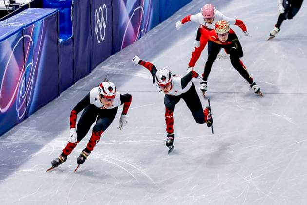 Courtney Sarault of Canada and Florence Brunelle of Canada and Kexin Fan of China and Natalia Maliszewska of Poland Women s 500m Quarterfinals, Milano Cortina 2026 Winter Olympics: Day 6, Short Track Speed skating, Eisschnelllauf - Milano Cortina 2026 Winter Olympics: Day 6, Milano Speed Skating Stadium, February 12, 2026, Milan, Italy.