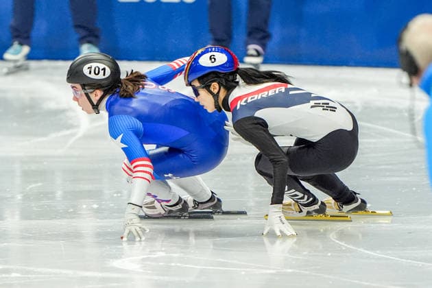 2026-02-12 - Milano Cortina 2026 Winter Olympics MILAN, ITALY - FEBRUARY 12: Julie Letai of United States, Gilli Kim of Republic of Korea performing on the Short Track Speed skating, Eisschnelllauf Women s 500m Quaterfinals during the Milano Cortina 2026 Winter Olympics at the Milano Ice Skating Arena on February 12, 2026 in Milan, Italy Milan Milano Ice Skating Arena Italy Content not available for redistribution in The Netherlands directly or indirectly through any third parties. Copyright: xAndrexWeeningx