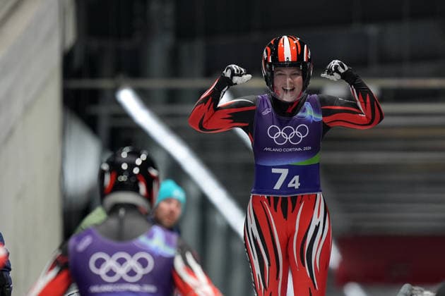 Austria s celebrates during the Luge Team Relay at the Milano Cortina 2026 Winter Olympics, in Cortina (Italy) February 12, 2026 (Photo Davide Spada LaPresse)  Copyright: xDavidexSpada LaPressex