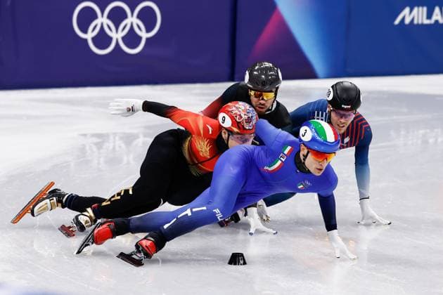 MILAN , 12-02-2026 , Milano Ice Skating Arena , Olympic Winter games, Winterspiele,Spiele, Summer games 2026 - Short Track 500m ladies - 1000m men , Picture shows Pietro Sighel, Long Sun, Quentin Fercoq Olympic Winter Games 2026 - Short Track 500m ladies - 1000m men  x201531079x Copyright: