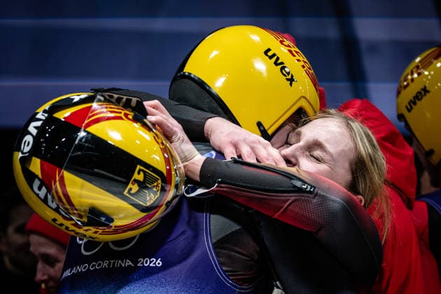 Deutscher Jubel, Luge Team Relay, Milano Cortina 2026 Olympic Games, Olympische Spiele, Olympia, OS 12-02-2026 *** German cheers, Luge Team Relay, Milano Cortina 2026 Olympic Games 12 02 2026 Copyright: HMBxMedia MarcxNiemeyer