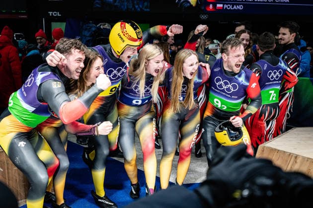 Deutscher Jubel, Luge Team Relay, Milano Cortina 2026 Olympic Games, Olympische Spiele, Olympia, OS 12-02-2026 *** German cheers, Luge Team Relay, Milano Cortina 2026 Olympic Games 12 02 2026 Copyright: HMBxMedia MarcxNiemeyer