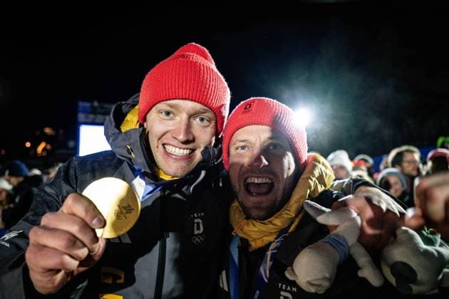 Deutscher Jubel, Luge Team Relay, Milano Cortina 2026 Olympic Games, Olympische Spiele, Olympia, OS 12-02-2026 *** German cheers, Luge Team Relay, Milano Cortina 2026 Olympic Games 12 02 2026 Copyright: HMBxMedia MarcxNiemeyer