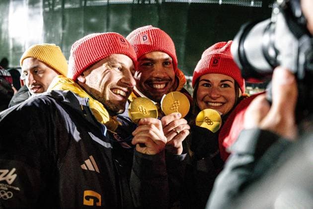 Deutscher Jubel, Luge Team Relay, Milano Cortina 2026 Olympic Games, Olympische Spiele, Olympia, OS 12-02-2026 *** German cheers, Luge Team Relay, Milano Cortina 2026 Olympic Games 12 02 2026 Copyright: HMBxMedia MarcxNiemeyer
