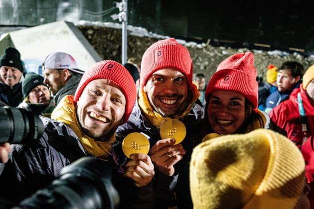 Deutscher Jubel, Luge Team Relay, Milano Cortina 2026 Olympic Games, Olympische Spiele, Olympia, OS 12-02-2026 *** German cheers, Luge Team Relay, Milano Cortina 2026 Olympic Games 12 02 2026 Copyright: HMBxMedia MarcxNiemeyer
