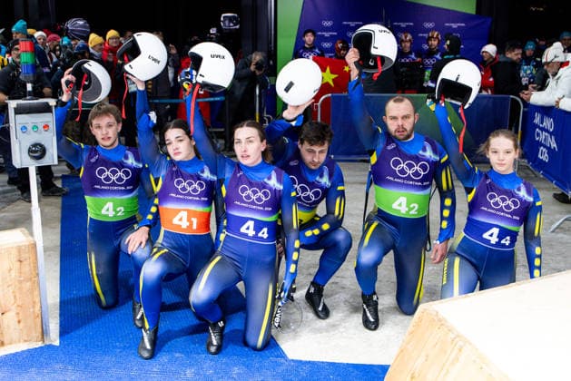 OLYMPICS - Winter Olympic Games, Olympische Spiele, Olympia, OS Milano Cortina 2026 CORTINA D AMPEZZO,ITALY,12.FEB.26 - OLYMPICS, LUGE - Winter Olympic Games Milano Cortina 2026, team relay. Image shows Yulianna Tunytska, Ihor Hois, Nazarii Kachmar, Andriy Mandziy, Olena Stetskiv and Oleksandra Mokh (UKR).  GEPAxpictures xMaticxKlansek