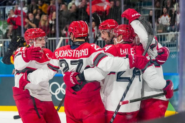 Oscar Moelgaard (Denmark) celebrates after scoring his team s first goal with teammates during the Ice hockey, Eishockey Men - Preliminary Round - Group C match between Germany v Denmark on day six of the Milano Cortina 2026 Winter Olympic Games, Olympische Spiele, Olympia, OS at Milano Rho Ice Hockey Arena on February 12, 2026 in Milan, Italy. (Photo by Alex Gottschalk DeFodi Images) - *** Oscar Moelgaard Denmark celebrates after scoring his team s first goal with teammates during the Ice Hockey Men Preliminary Round Group C match between Germany v Denmark on day six of the Milano Cortina 2026 Winter Olympic games at Milano Rho Ice Hockey Arena on February 12, 2026 in Milan, Italy Photo by Alex Gottschalk DeFodi Images