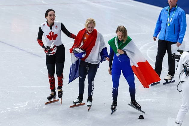 Courtney Sarault (CAN), 3rd place, bronze medal, Xandra Velzeboer (NED), 1st place, gold medal, Arianna Fontana (ITA), 2nd place, silver medal at the end of the Olympic Winter games, Winterspiele,Spiele, Summer games Milano-Cortina 2026, Short Track Speed skating, Eisschnelllauf Women s 500m Finals on February 12, 2026 at Milano Ice Skating Arena in Milan, Italy  Copyright: xFabrizioxCarabelli IPAxSportx xipa-agency.netx xx IPA_71396284 IPA_Agency_IPA71396284