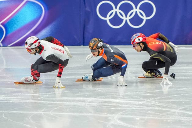 2026-02-12 - Milano Cortina 2026 Winter Olympics MILAN, ITALY - FEBRUARY 12: William Dandjinou of Canada, Jens van t Wout of Netherlands, Long Sun of China performing on the Short Track Speed skating, Eisschnelllauf Men s 1000m Finals during the Milano Cortina 2026 Winter Olympics at the Milano Ice Skating Arena on February 12, 2026 in Milan, Italy Milan Milano Ice Skating Arena Italy Content not available for redistribution in The Netherlands directly or indirectly through any third parties. Copyright: xAndrexWeeningx