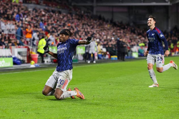 Brentford v Arsenal 12 February 2026, London - Premier League Football - Brentford v Arsenal - Noni Madueke of Arsenal celebrates their first goal - Photo: Charlotte Wilson Offside. London UK Copyright: xCharlottexWilsonx xOffsidexOffside