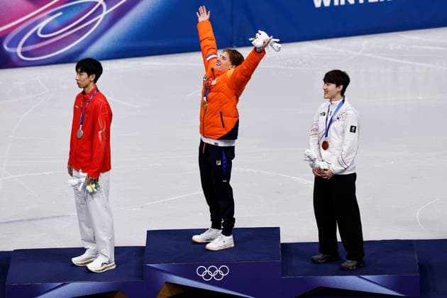 MILAN , 12-02-2026 , Milano Ice Skating Arena , Olympic Winter games, Winterspiele,Spiele, Summer games 2026 - Short Track 500m ladies - 1000m men , Picture shows Long Sun (silver), Jens van t Wout (gold) , Jongun Rim (bronze) Olympic Winter Games 2026 - Short Track 500m ladies - 1000m men  x201533732x Copyright: