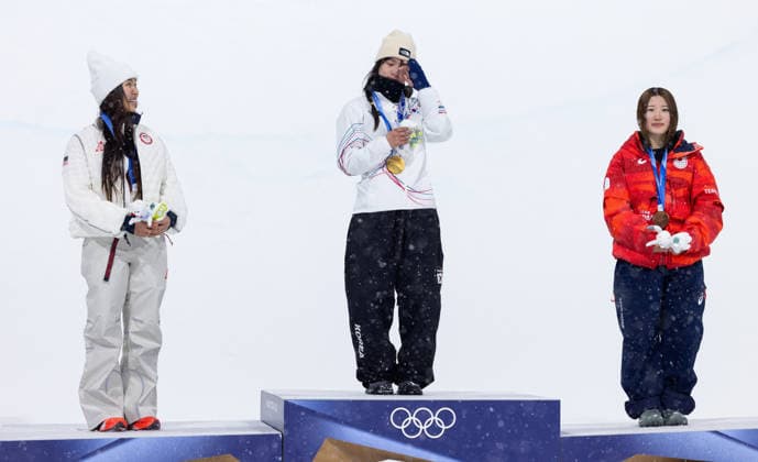 OLYMPICS - Winter Olympic Games, Olympische Spiele, Olympia, OS Milano Cortina 2026 LIVIGNO,ITALY,12.FEB.26 - OLYMPICS, SNOWBOARD - Winter Olympic Games Milano Cortina 2026, Snowboard Halfpipe, women, final, medal ceremony. Image shows Chloe Kim (USA), Gaon Choi (KOR) and Mitsuki Ono (JPN). Keywords: medals and mascot.  GEPAxpictures xHaraldxSteiner