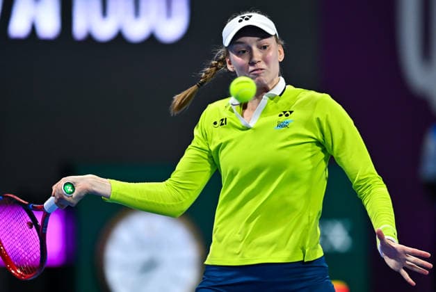 February 12, 2026, Doha, Qatar: Elena Rybakina of Kazakhstan plays against Victoria Mboko of Canada ( not in view) during their quarterfinal match at the WTA, Tennis Damen Qatar TotalEnergies Open 2026 tennis tournament at the Khalifa International Tennis Complex. Victoria Mboko won against Elena Rybakina 7-4.4-6,6-4. Doha Qatar - ZUMAs197 20260212_aaa_s197_146 Copyright: xNoushadxVariyattiyakkalx