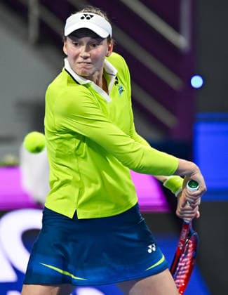 February 12, 2026, Doha, Qatar: Elena Rybakina of Kazakhstan plays against Victoria Mboko of Canada ( not in view) during their quarterfinal match at the WTA, Tennis Damen Qatar TotalEnergies Open 2026 tennis tournament at the Khalifa International Tennis Complex. Victoria Mboko won against Elena Rybakina 7-4.4-6,6-4. Doha Qatar - ZUMAs197 20260212_aaa_s197_161 Copyright: xNoushadxVariyattiyakkalx