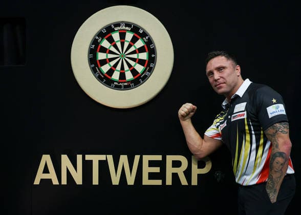 12th February 2026, AFAS Dome, Antwerp, Belgium; 2026 PDC Bet MGM Premier League Darts Night Two; Gerwyn Price celebrates winning the final match against Michael van Gerwen  IanxStephen