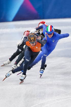 Winter Olympics - Short Track Speed skating, Eisschnelllauf Men s 1000m Jens van t Wout of Team Netherlands celebrates after winning gold in the Short Track Speed Skating Men s 1000m on day six of the Milano Cortina 2026 Winter Olympic Games, Olympische Spiele, Olympia, OS at Milano Ice Skating Arena on February 12, 2026 in Milan, Italy. Photo by Alexis Jumeau ABACAPRESS.COM Milan Italy  Copyright: xJumeauxAlexis ABACAx