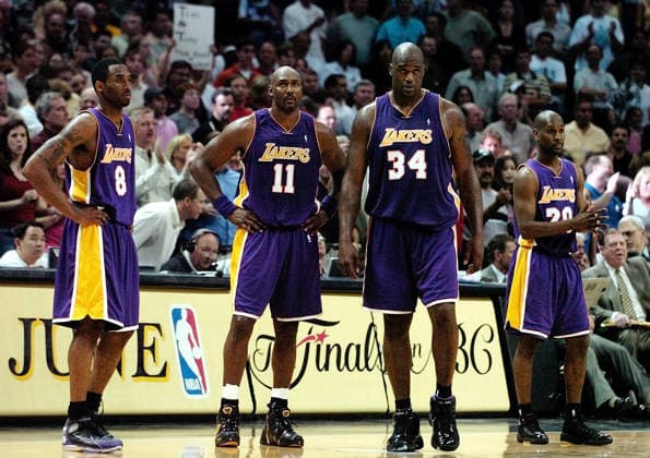 May 05, 2004; San Antonio, TX, USA; Lakers players KOBE BRYANT, KARL MALONE, SHAQUILLE O NEAL, and GARY PAYTON wait for play to resume during a timeout at the SBC Center during game two of the NBA, Basketball Herren, USA Western Conference semifinals. The San Antonio Spurs beat the Los Angeles Lakers 95-85, and now lead the series 2-0. The Spurs jumped out to a 16-point first-quarter lead and fought off a late Lakers rally on the way to a 95-85 win in Game 2. Parker scored 30 points on 13-for-23 shooting for San Antonio. San Antonio TX USA Copyright: xBahramxMarkxSobhanix