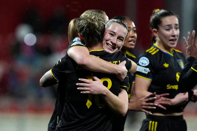 ATLETICO DE MADRID v Manchester United, ManU WOMEN. UEFA WOMEN S CHAMPIONS LEAGUE 2025 2026. KO PLAY-OFF. 1ST LEG MATCH. Manchester United Women™s Julia Zigiotti Olme (l) and Elisabeth Terland celebrate goal during UEFA Womens Champions League 2025 2026 KO play-off 1st leg match. February 12,2026. (ALTERPHOTOS Acero) Alcala de HenaresSpain  Copyright: xAcerox