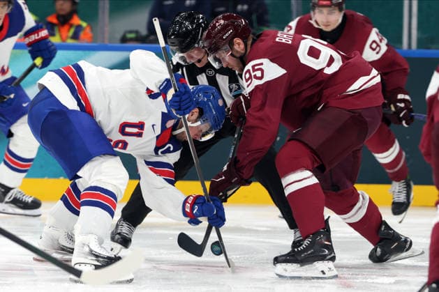 Milano Cortina 2026, Milan, Italy, 12.02, 2026, MiCo2026, MiCo, 2026, Olympics, Olympic, Winter Olympic, Olympic Winter games, Winterspiele,Spiele, Summer games Ice hockey, Eishockey Latvia, USA, United States Oskars Batna of Latvia in action during men™s Premilinary round Group C Ice Hockey match between Latvia and USA teams of Milano Cortina 2026 Olympic Winter Games in Milan, Italy, 12.02.2026. Photo: Roman Koksarov (RKF) Milan Italy Copyright: xRomanxKoksarovx 0B4A3158.JPG