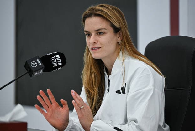 Qatar TotalEnergies Open 2026 - Day Five DOHA, QATAR FEBRUARY 12: Maria Sakkari of Greece during a press conference, PK, Pressekonferenz following her win to Iga Swiatek of Poland in the quarterfinal on Day Five of the Qatar TotalEnergies Open, part of the Hologic WTA, Tennis Damen Tour, at the Khalifa International Tennis and Squash Complex on February 12, 2026 in Doha, Qatar. Doha Qatar  Copyright: xArturxWidakx originalFilename:widak-qatartot260212_npciJ.jpg
