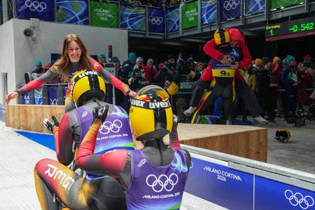 CORTINA D AMPEZZO, ITALY - FEBRUARY 12: Julia Taubitz, Dajana Eitberger, Magdalena Matschina, Tobias Wendl, Tobias Arlt and Max Langenhan of Team Germany celebrate winning gold after the Luge Team Relay on day six of the Milano Cortina 2026 Winter Olympics at Cortina Sliding Centre on February 12, 2026 in Cortina d Ampezzo, Italy.  Copyright: xChinaxNewsxServicex 111620980329