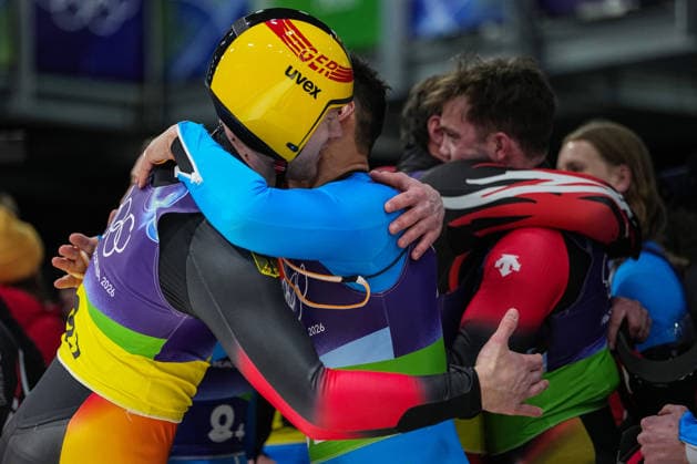 CORTINA D AMPEZZO, ITALY - FEBRUARY 12: Players from Team Germany, Team Italy and Team Austria hug each other after the Luge Team Relay on day six of the Milano Cortina 2026 Winter Olympics at Cortina Sliding Centre on February 12, 2026 in Cortina d Ampezzo, Italy.  Copyright: xChinaxNewsxServicex 111620982643