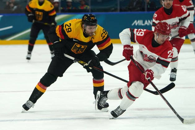 Milano Cortina, 2026 , Winter Olympic Games, Olympische Spiele, Olympia, OS Olympische Winter-Olympische spiele 2026 , Icehockey, Eishockey Männer, Men s Preliminary Round, Vorrunde, Deutschland vs Dänemark, Germany vs Denmark , ce Hockey Arena Milano Mailand Leon Draisaitl Deutschland, Germany, MikkelAagaard DEN Photocopyright Gladys Chai von der Laage *** Milano Cortina, 2026 , Winter Olympic Games, Winter Olympic Games 2026 , Icehockey, Icehockey Men, Men s Preliminary Round, Preliminary Round, Germany vs Denmark, Germany vs Denmark , ce Hockey Arena Milano Milano Leon Draisaitl Germany, Germany, MikkelAagaard DEN Photocopyright Gladys Chai von der Laage