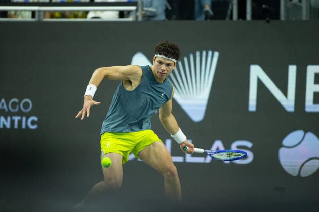 February 12, 2026, Frisco, Texas, USA: BEN SHELTON (USA) uses a forehand during a menâ€⠢s singles match at 2026 Nexo Dallas Open at The Ford Center at The Star in Frisco, Texas. Ben Shelton advances to the quarterfinals after defeating Adrian Mannarino, 7:6, 6:7, 6:3. Tennis 2026: Dallas Open: Shelton 7:6, 6:7, 6:3 Mannarino - ZUMAh193 20260212_zsp_h193_113 Copyright: xDanielxMcGregor-Huyerx