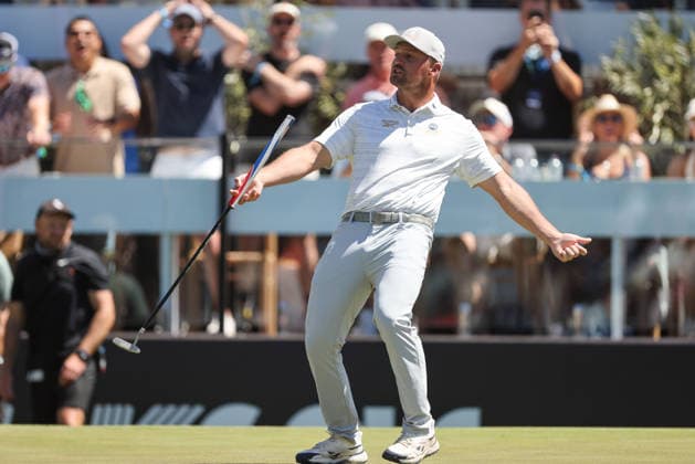 LIV GOLF ADELAIDE, Bryson DeChambeau of the Crushers GC reacts after a birdie putt lipped out during Round 2 of the LIV Golf Adelaide at The Grange Golf Club in Adelaide, Friday, February 13, 2026. ( NO ARCHIVING, EDITORIAL USE ONLY ADELAIDE SA AUSTRALIA  Copyright: xMATTxTURNERx 20260213110421126063